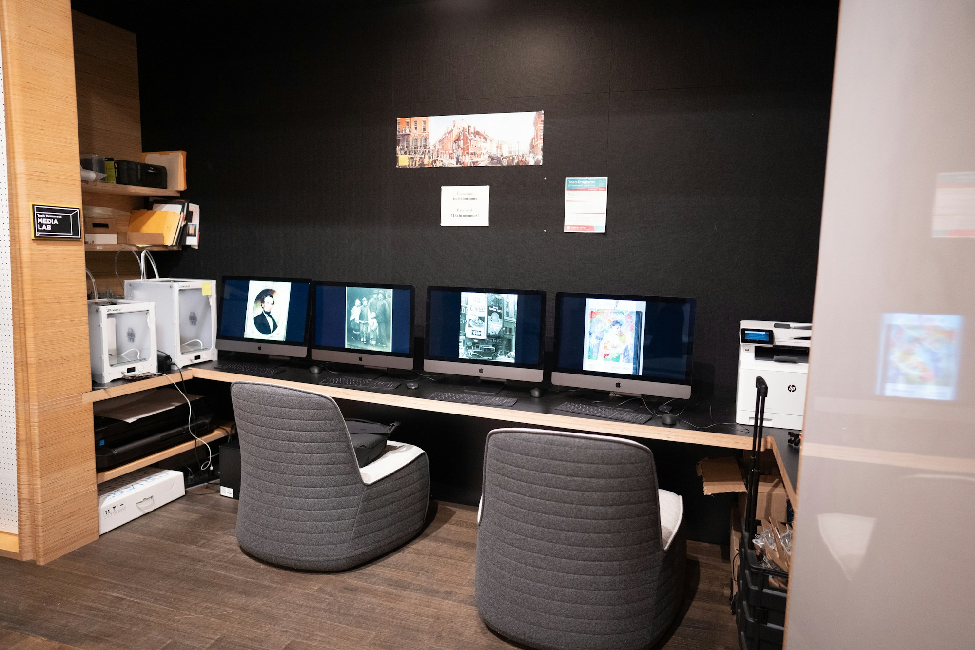 stairs and screens and equipment in the tech commons