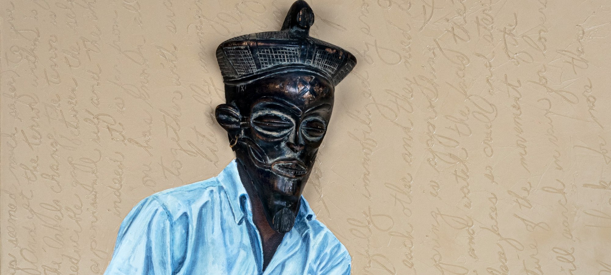Black figure in a relaxed sitting position, wearing draped light blue clothing and a carved wooded mask on its face.
Margaret Vendryes (1955–2022), Chokwe James, African Diva, 2021. Oil and cold wax on canvas, wood mask, gold earring. The New York Historical, Gift of Jacqueline Herranz Brooks, 2026.8. Photo by Glenn Castellano.