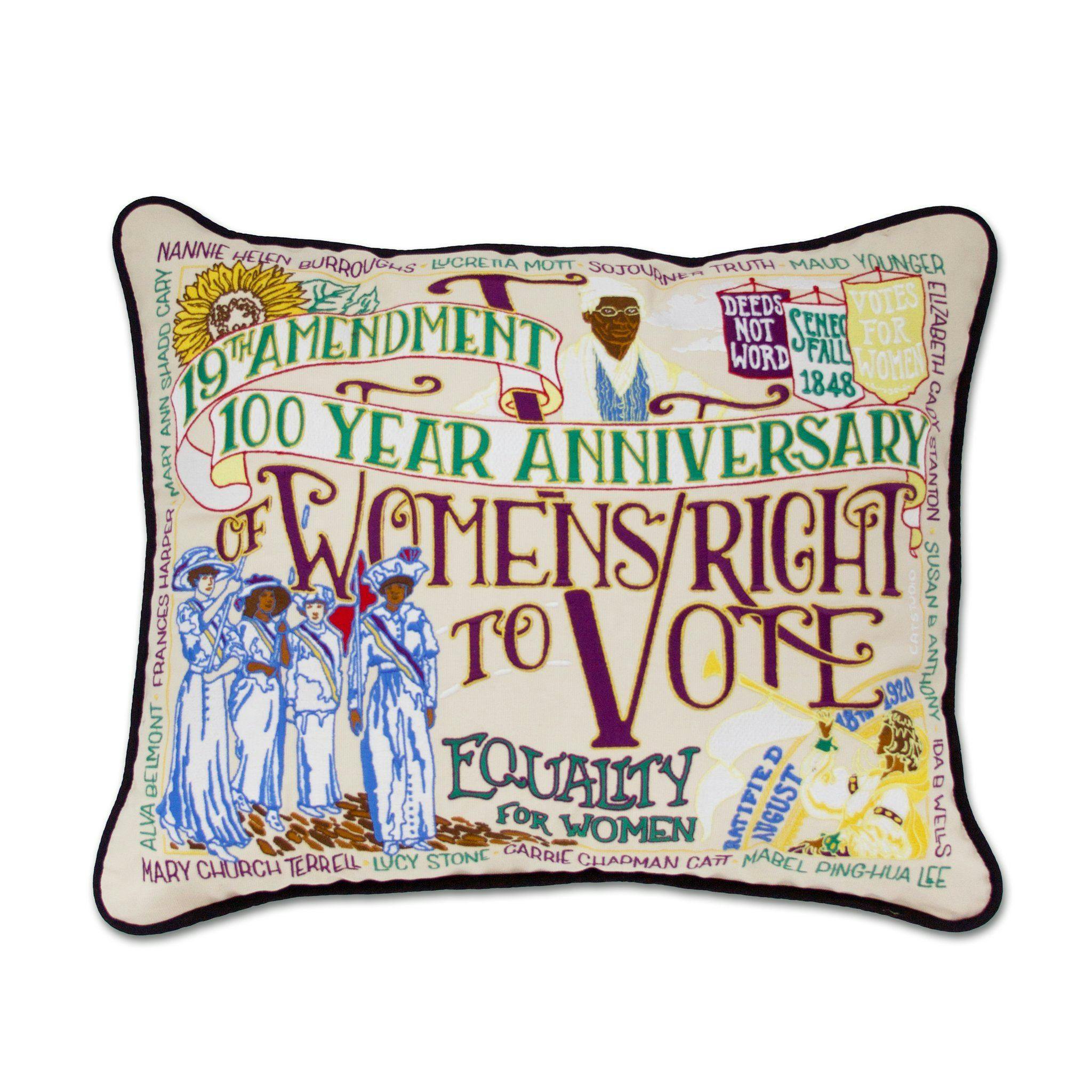 an embroidered pillow dedicated to the history of the 19th amendment and women's right to vote