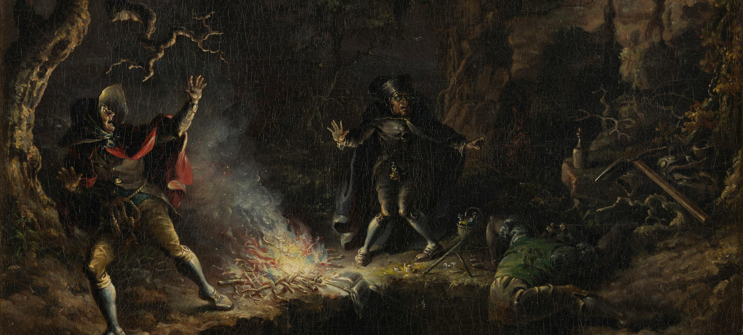 A dark, 19th-century painting of three figures from a Washington Irving story digging for hidden treasure in a graveyard
John Quidor (1801–1881), The Money Diggers, 1832. Oil on canvas. Brooklyn Museum, Gift of Mr. and Mrs. Alastair Bradley Martin, 48.171. (Photo: Brooklyn Museum)
