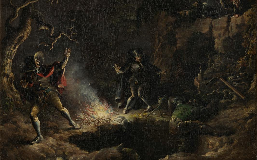 A dark, 19th-century painting of three figures from a Washington Irving story digging for hidden treasure in a graveyard
John Quidor (1801–1881), The Money Diggers, 1832. Oil on canvas. Brooklyn Museum, Gift of Mr. and Mrs. Alastair Bradley Martin, 48.171. (Photo: Brooklyn Museum)