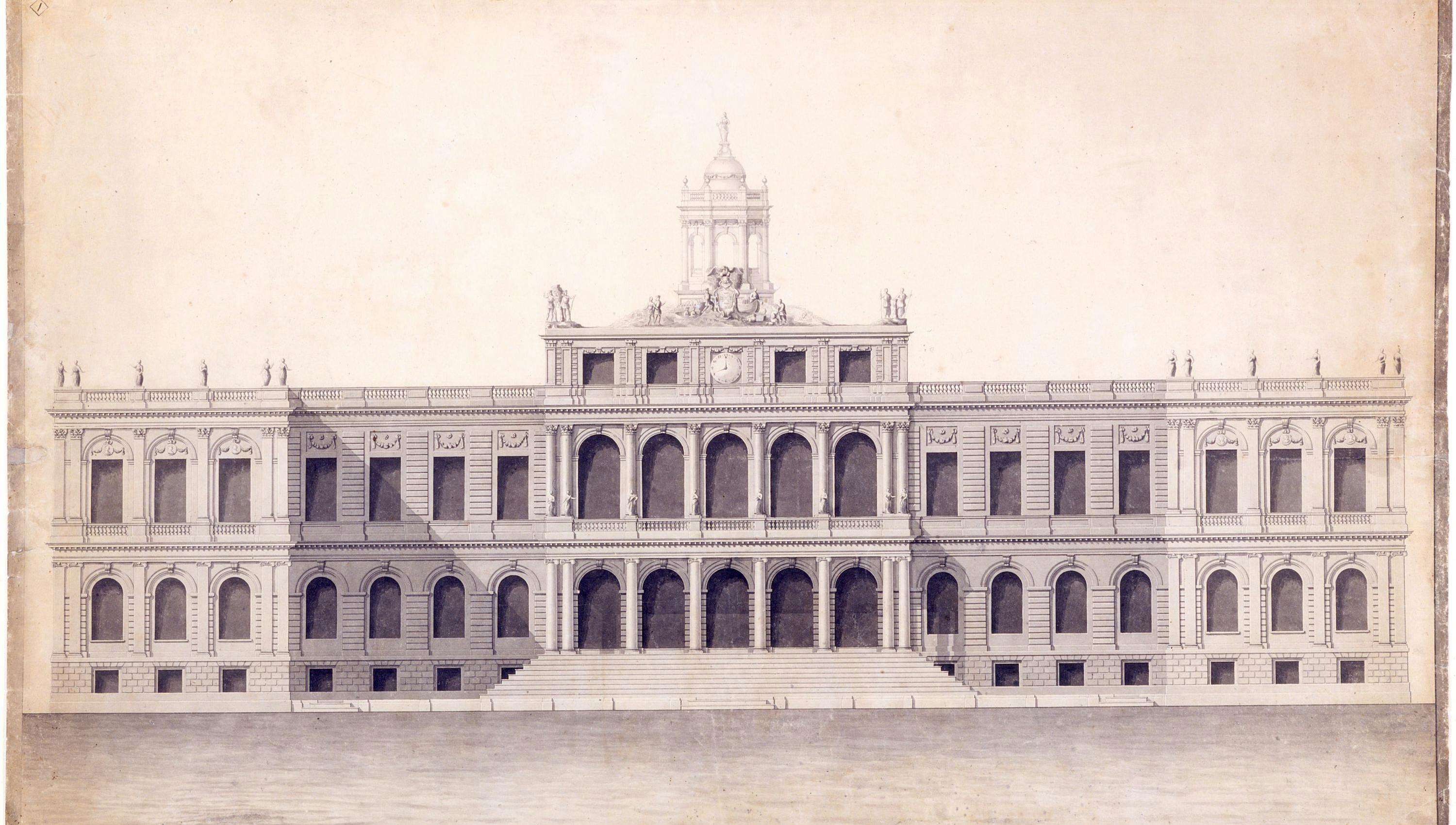 Ink, wash, and graphite. John McComb, in consultation with Joseph F. Mangin, made 105 drawings of a proposed new City Hall building, all of which are preserved in New-York Historical's library. The city fathers accepted his plans. As soon as the building was completed in 1811 it was recognized as one of the finest public buildings in America and it has remained one of the nation’s architectural treasures.