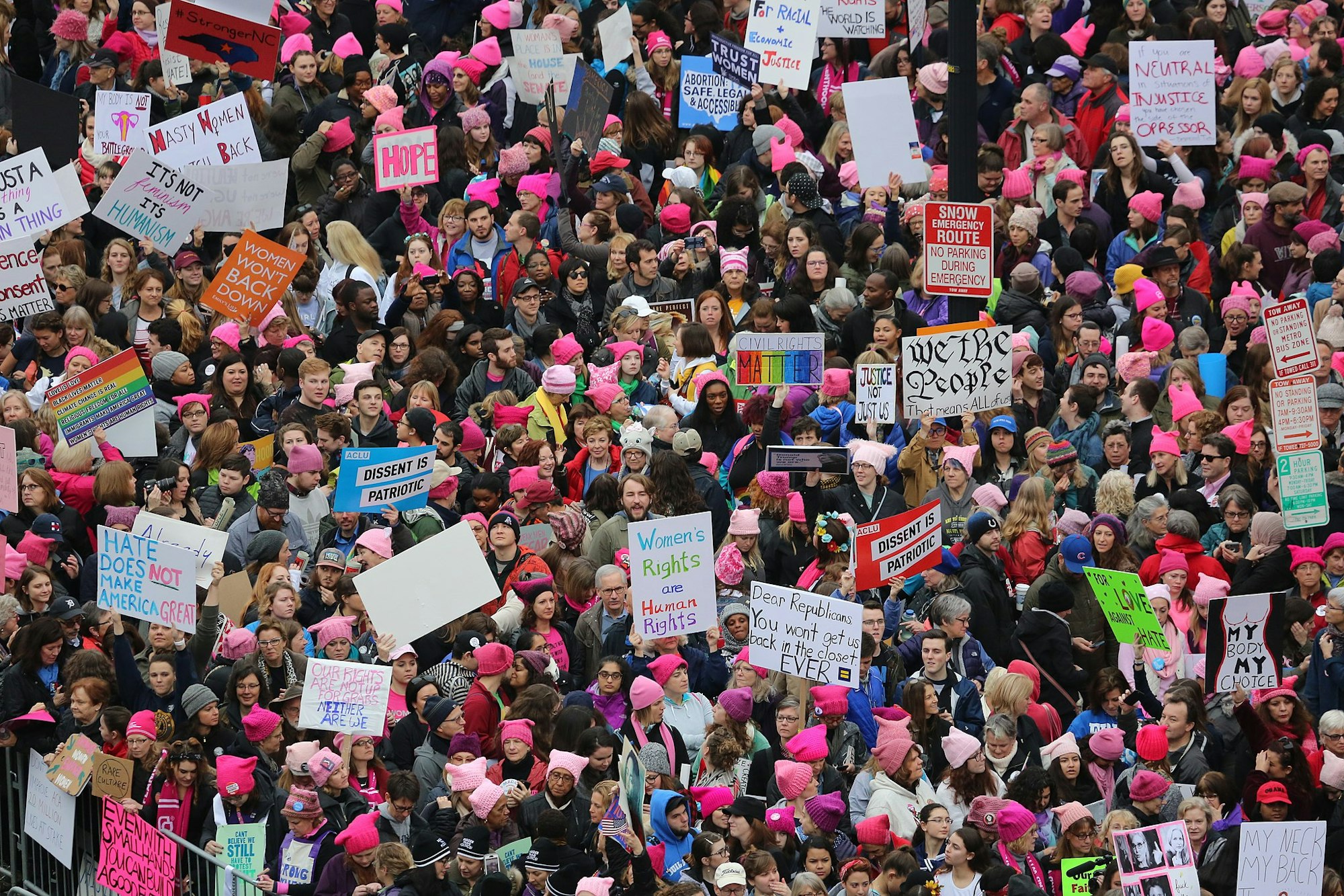 a massive crowd at the 2017 women's march in washington DC holding an array of signs.