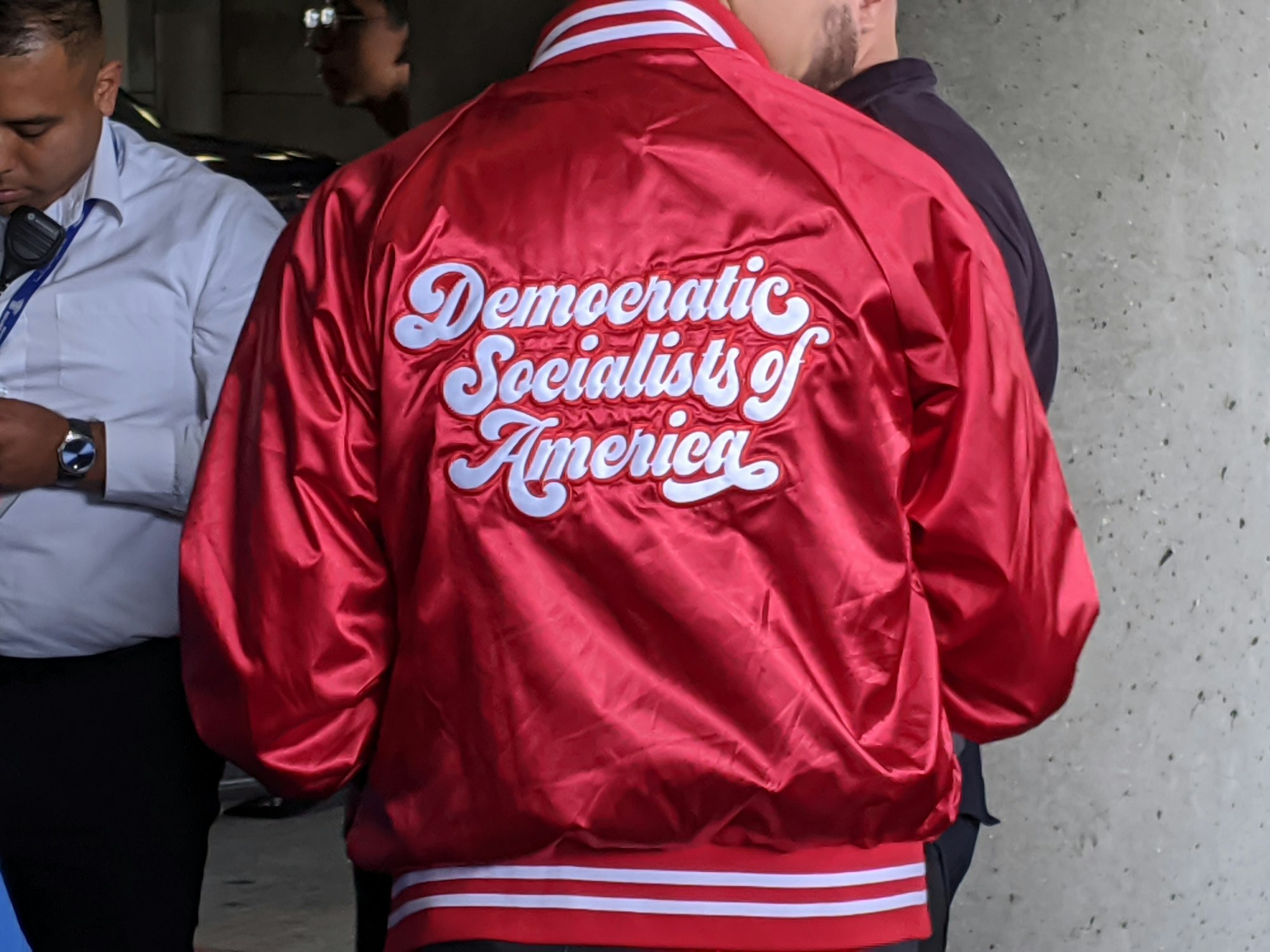 Democratic Socialists of America red jacket from San Francisco, Bernie Sanders Rally, LA Convention Center, Los Angeles, California, USADate1 March 2020. Photographer: Cory Doctorow