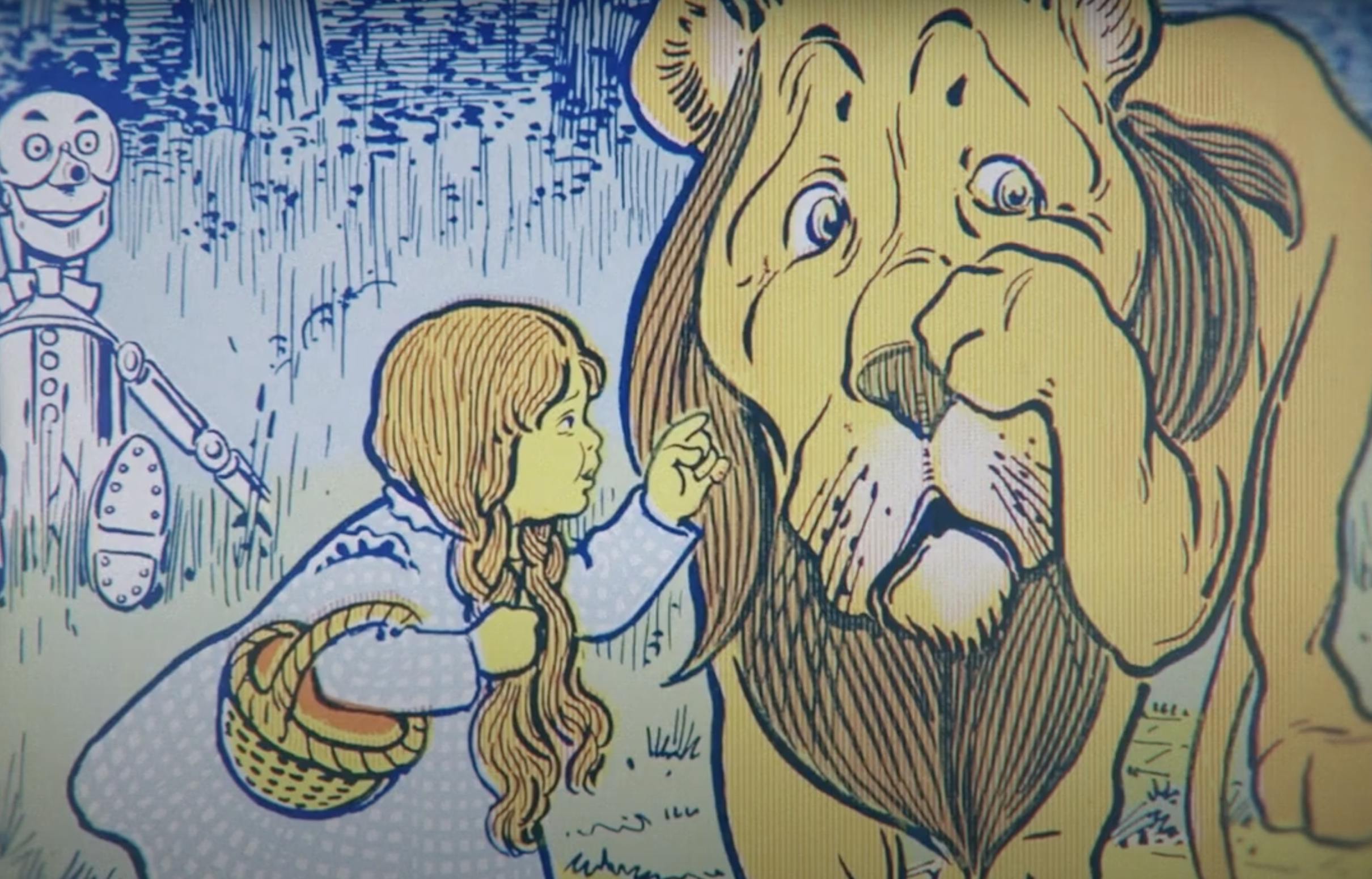 a screen shot from a history minute video showing an early illustration from a wizard the oz edition and a young dorothy interacting with the lion. 