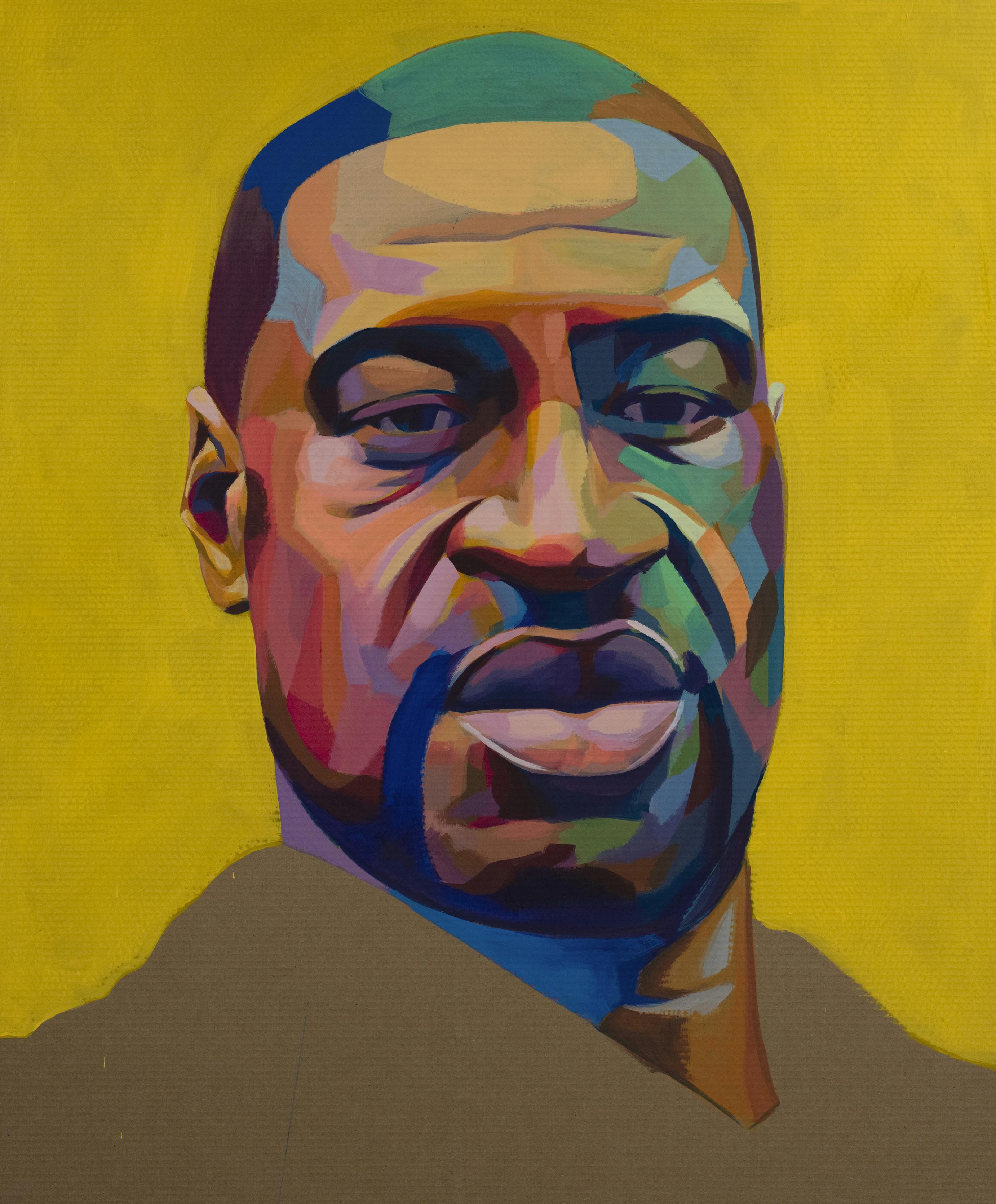 a protest sign featuring a painted version of the famous photo of George Floyd set against a yellow background