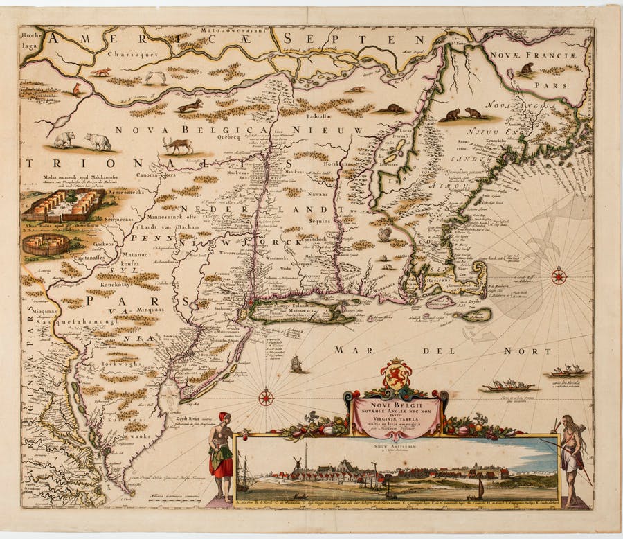 Johannes Jansson (1588–1664), cartographer, Nicolaes Visscher (1649–1702), cartographer, Novi Belgii, Novaeque Angliae nec non partis Virginiae tabula,Amsterdam, 1656. Hand-colored engraving. Patricia D. Klingenstein Library, New-York Historical Society
