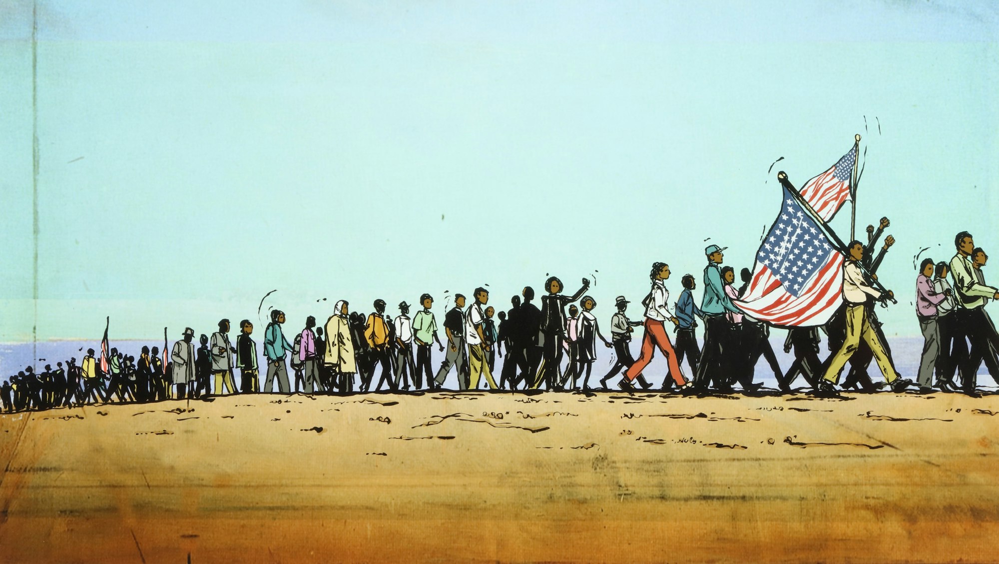 A PJ Loughran illustration from Turning 15 on the Road to Freedom: My Story of the 1965 Selma Voting Rights March by Lynda Blackmon Lowery, showing a long line of marchers against a blue sky