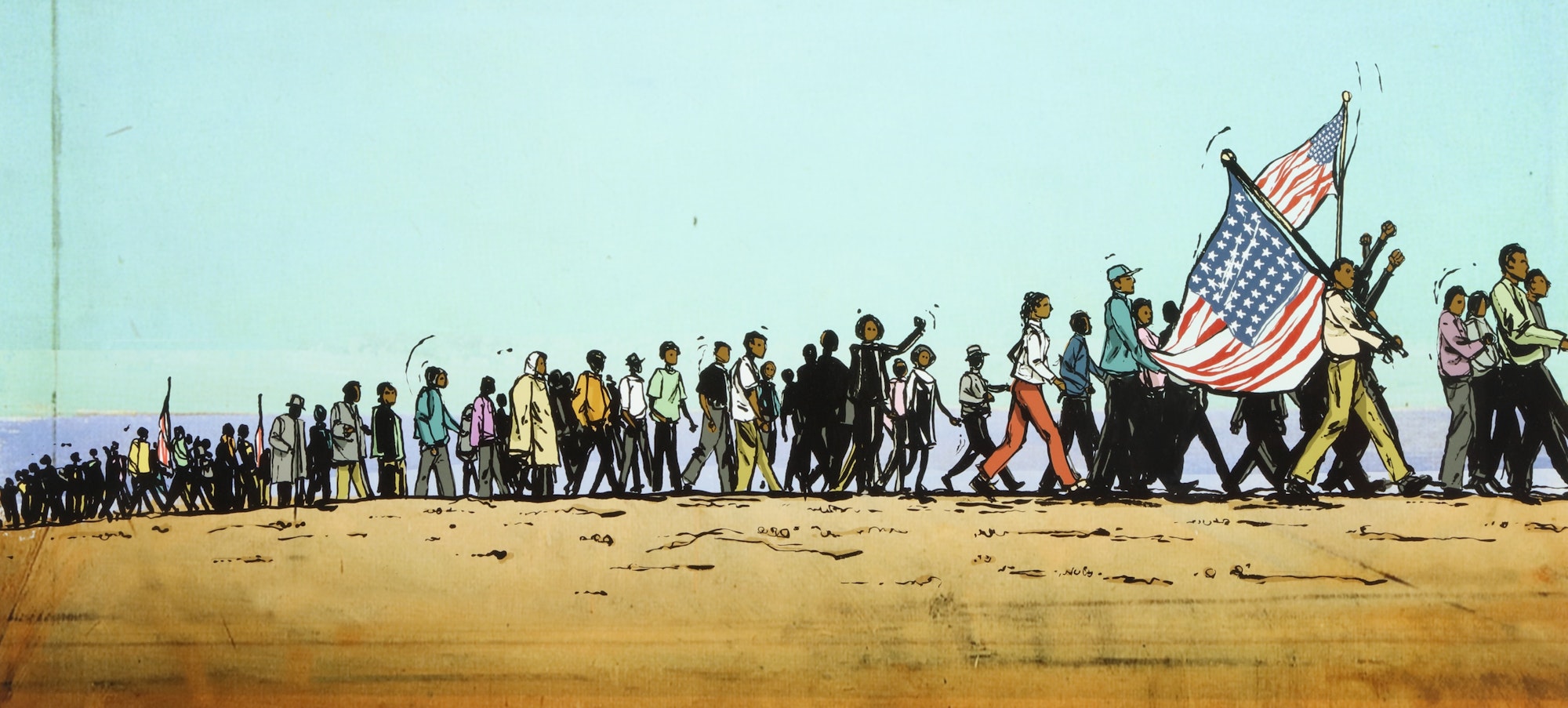 A PJ Loughran illustration from Turning 15 on the Road to Freedom: My Story of the 1965 Selma Voting Rights March by Lynda Blackmon Lowery, showing a long line of marchers against a blue sky