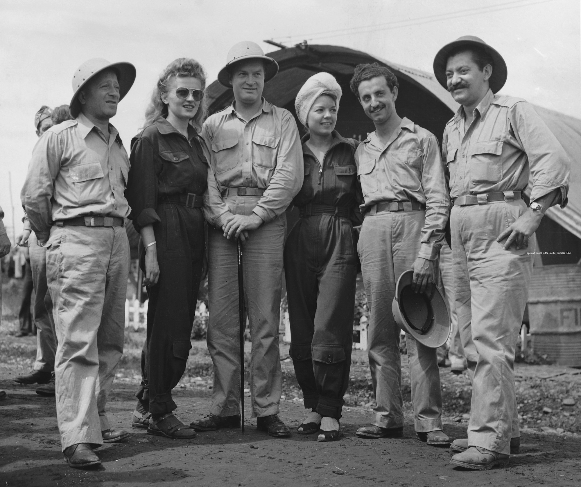Bob Hope and his entertainers during WWII while entertaining troops at Guadalcanal in 1944.