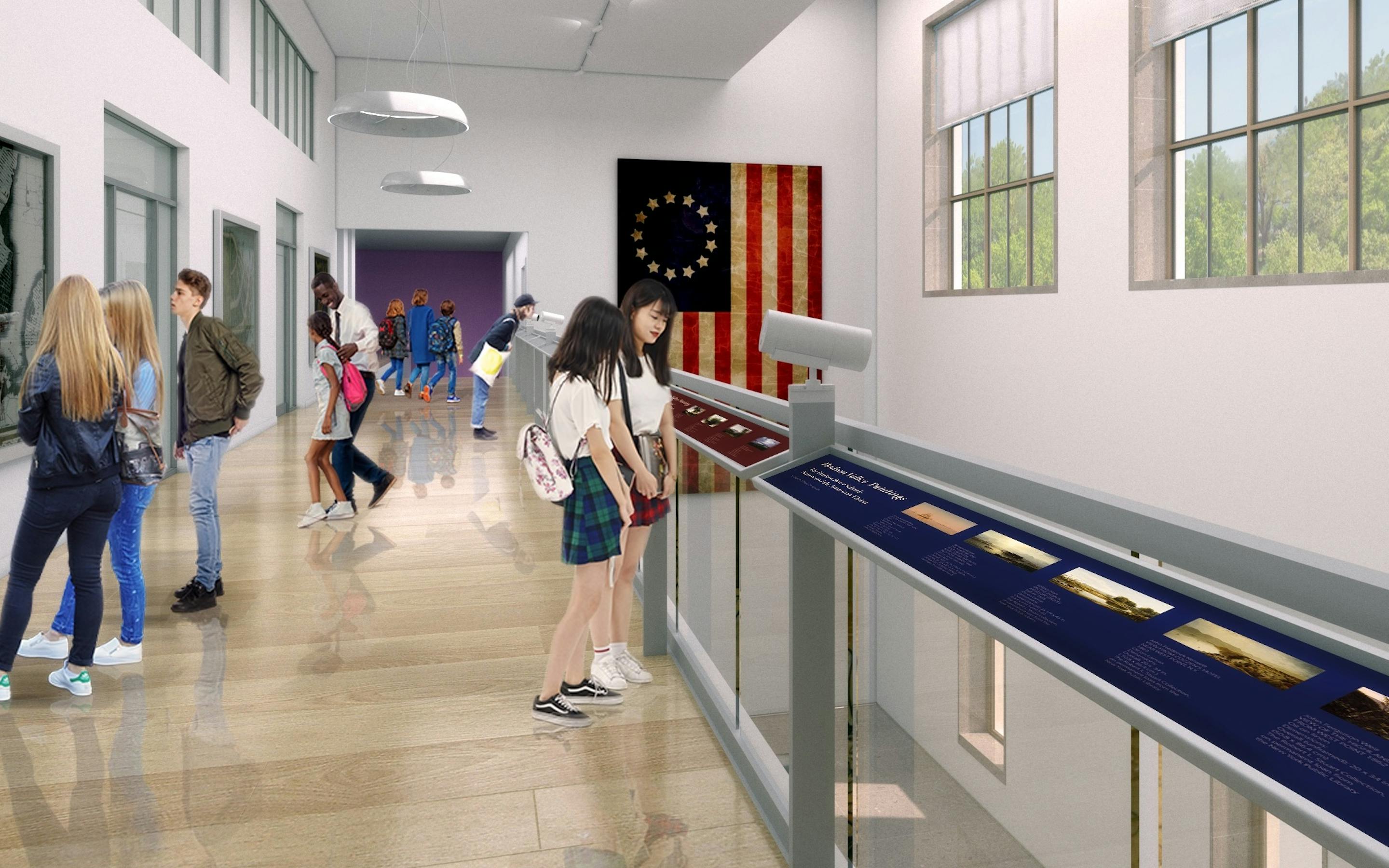 a rendering of the mezzanine level of the new expansion with visitors looking at displays