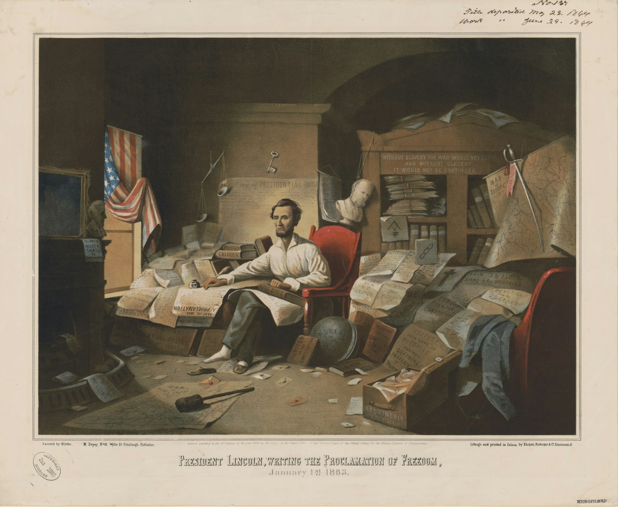 President Lincoln, writing the Proclamation of Freedom. January 1st, 1863. Original painting by David Gilmour Blythe. Color lithograph by Ehrgott, Forbriger & Co., Cincinnati, OH. Pittsburgh, PA 1863. Library of Congress, Prints & Photographs Division, Washington, D.C.