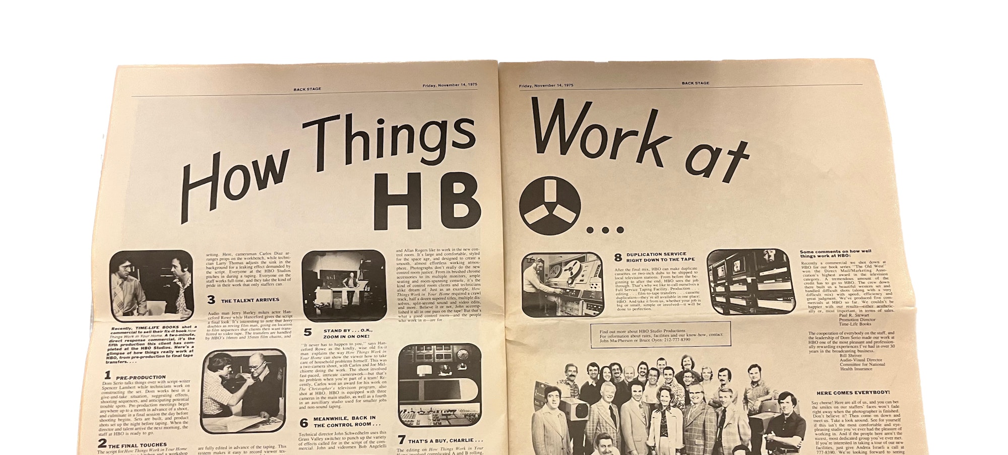 centerfold of a tabloid newspaper showing an article with the headline "How Things Work at HBO"