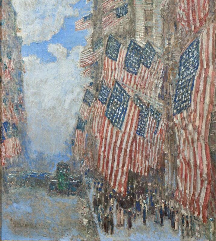 Childe Hassam's 1916 painting
The Fourth of July, 1916 (The Greatest Display of the American Flag Ever Seen in New York, Climax of the Preparedness Parade in May), depicting an impressionistic sea of American flags