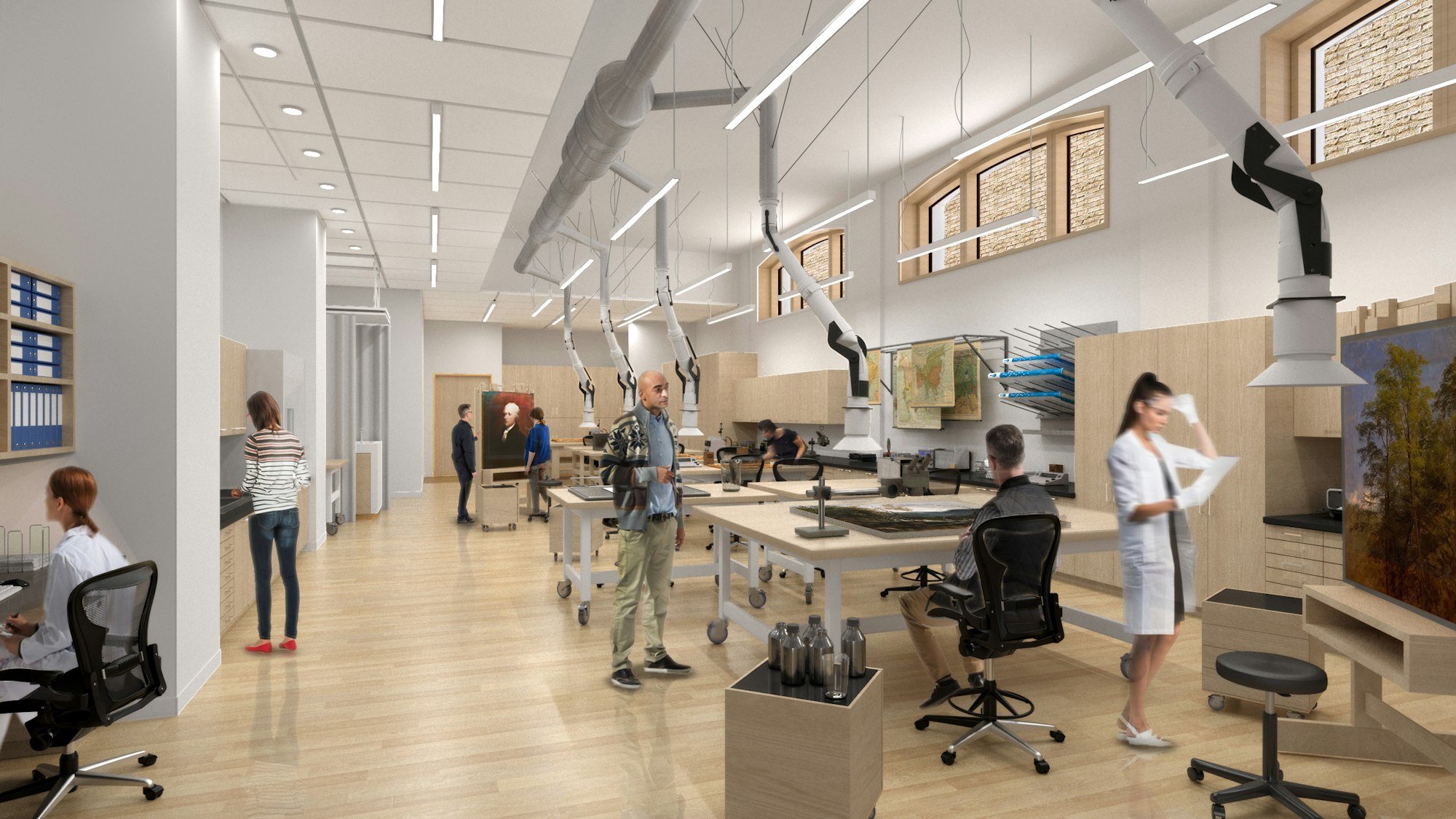 a rendering of the new conservation studio with tables and lights and conservators in white coats working.