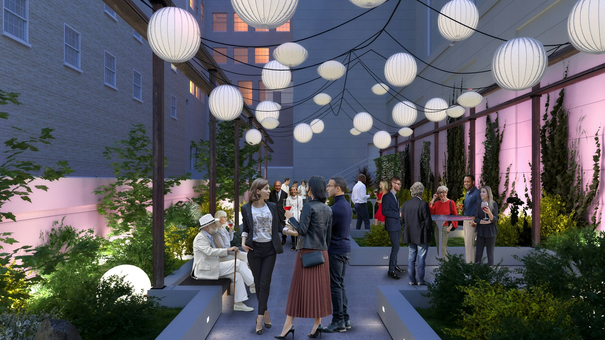 a rendering of the sculpture garden at nighttime with some kind of event going on lit by paper lanterns