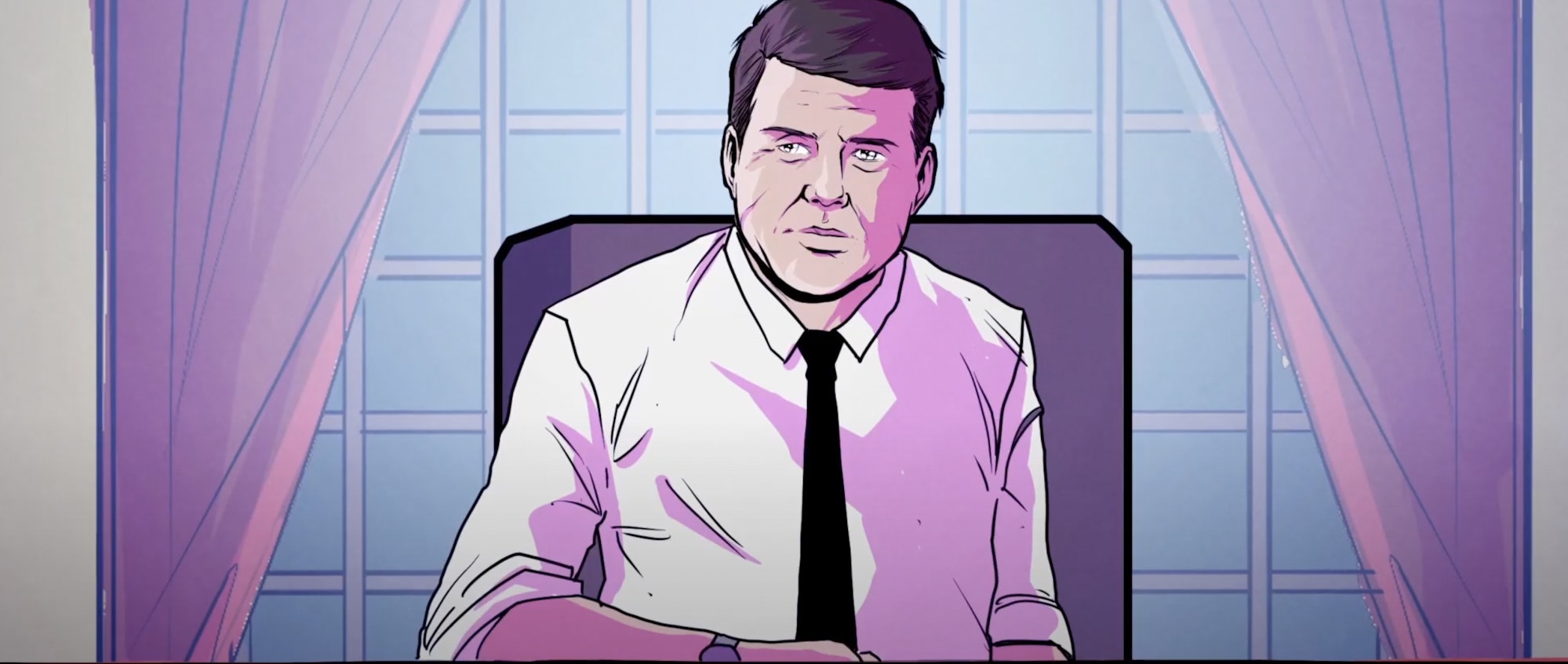 a screen grab from the opening the oval series featuring an animated JFK in the oval office