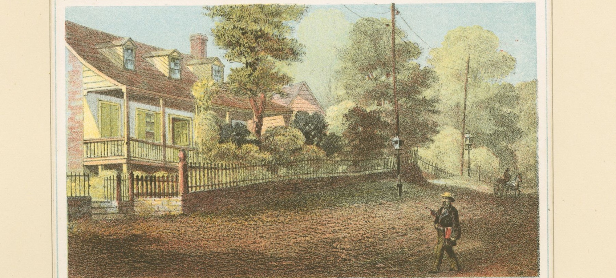 colorful etching shows a farmhouse with trees on a dirt road.