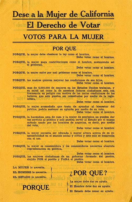 "Dese a la Mujer de California El Derecho de Votar", 1911