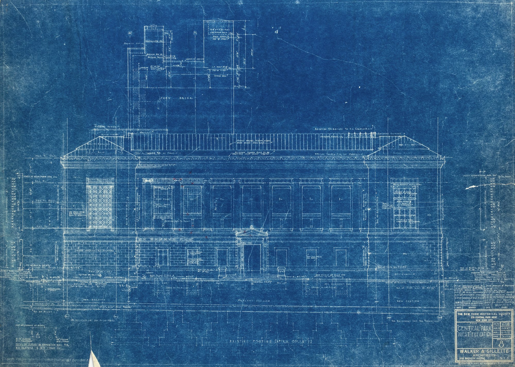 Blueprint of the New-York Historical Society dating from the Walker & Gillette designed expansion in the 1930s, dated 2/13/37