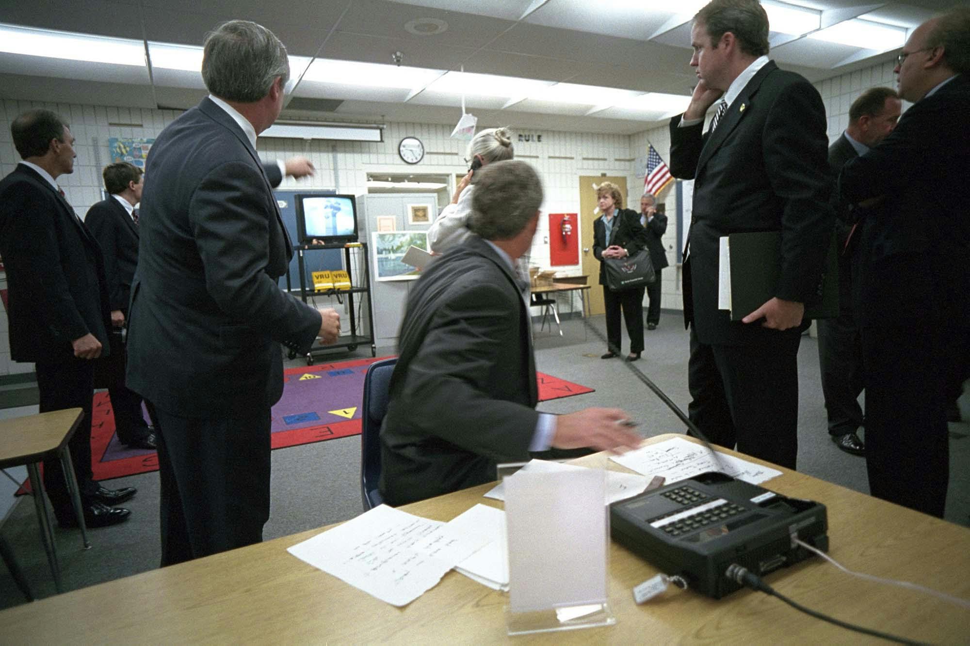 President George W. Bush watches news footage from Emma E. Booker Elementary School in Sarasota, Florida, of Flight 175 hitting the South Tower of the World Trade Center, September 11, 2001.
Courtesy of the George W. Bush Presidential Library and Museum, P7058-21A.