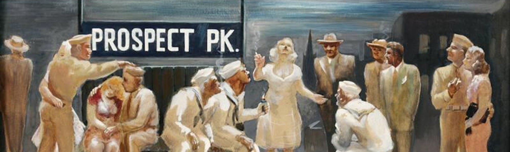 Artist/Maker Irving Boyer, Prospect Park
ca. 1942-1944, depicting soldiers, sailors, and several women during WWII horsing around on a subway platform.