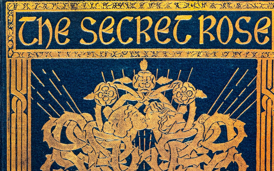 cover for the 1907 novel The Secret Rose by W.B. Yeats showing an ornate gold figure of thorns on a blue background.
Image credit: W.B. Yeats (1865–1939), writer, Althea Gyles (1867–1949), designer, The Secret Rose. London: Lawrence & Bullen, 1897. Collection of Leonard L. Milberg
