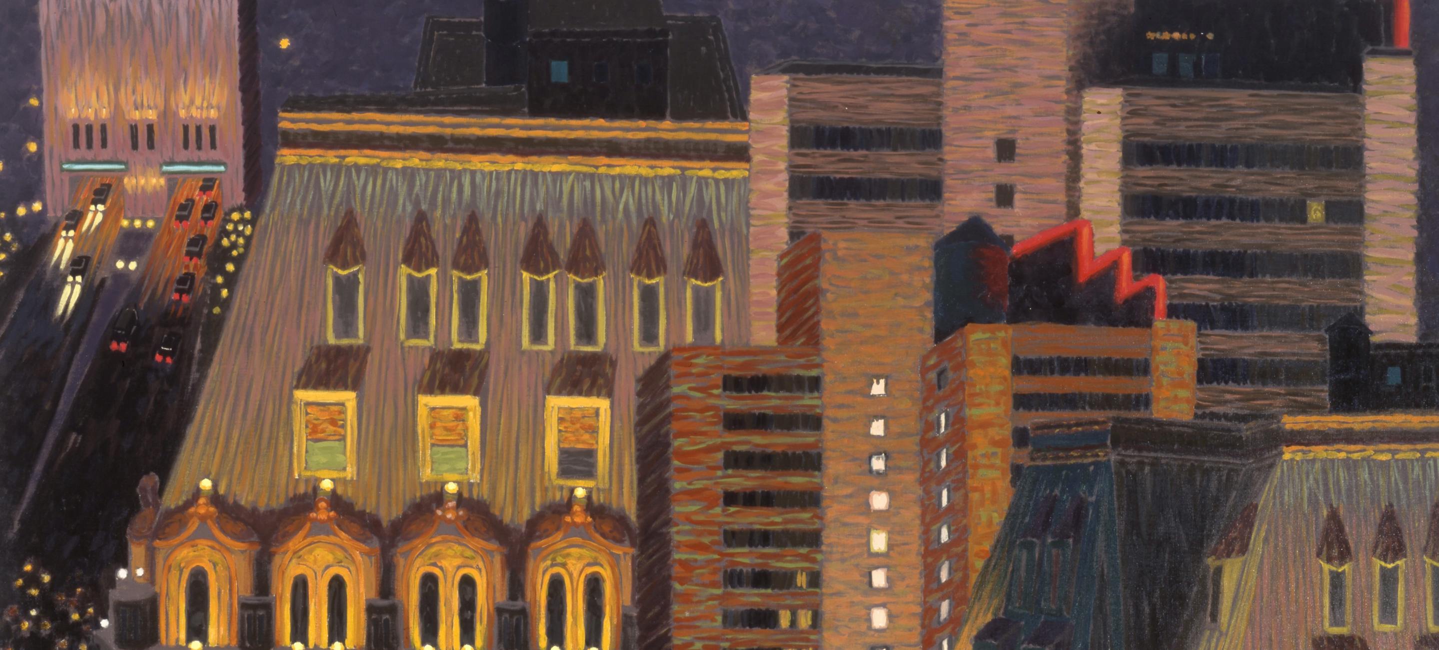 an oil painting showing the view from the 24th and 38th floors of the North Tower of the World Trade Center to create a fragmented vision of Cass Gilbert’s West Street Building and a modern high-rise at center.
Yvonne Jacquette (1934–2023), From World Trade Center: Mixed Heights II, 1998. Oil on canvas. The New York Historical, Purchase, 20th- and 21st-century Acquisition Fund, 2001.297. Photo by Glenn Castellano for The New York Historical.