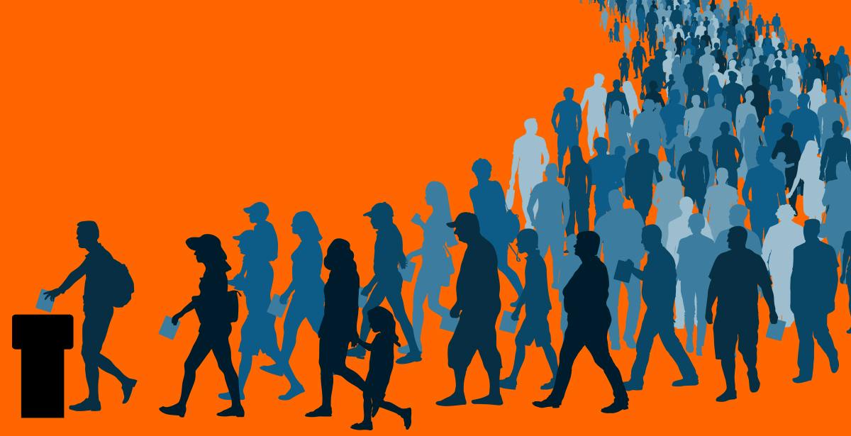 graphic showing a drawing of a crowd of people drawn in blue heading to a ballot box on an orange background