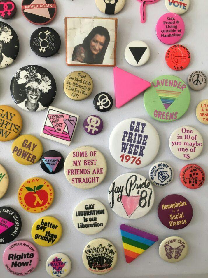 an assortment of pinback buttons promoting LGBTQ+ rights causes
Various buttons and pins, various dates. Courtesy of The LGBT Community Center National History Archives.