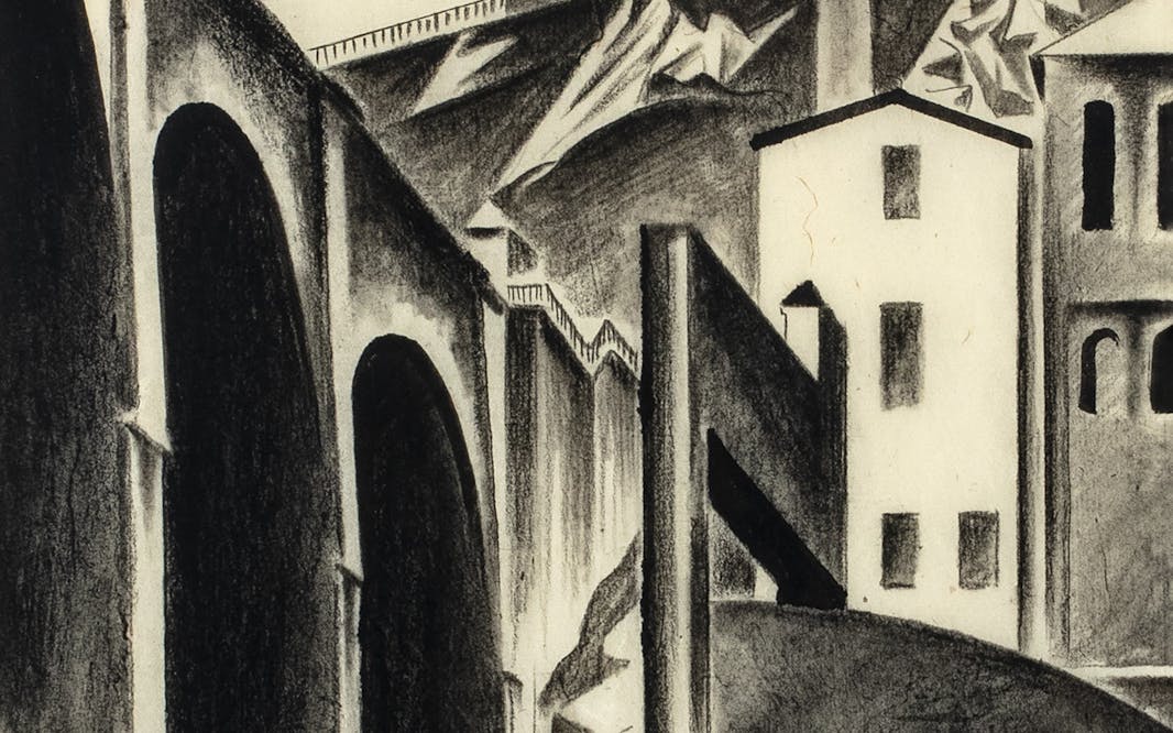 Preston Dickinson (1889–1930), High Bridge and High Bridge Water Tower, ca. 1915. Charcoal and black ink on Japanese paper. The New York Historical, Promised gift of Elie and Sarah Hirschfeld, Scenes of New York City