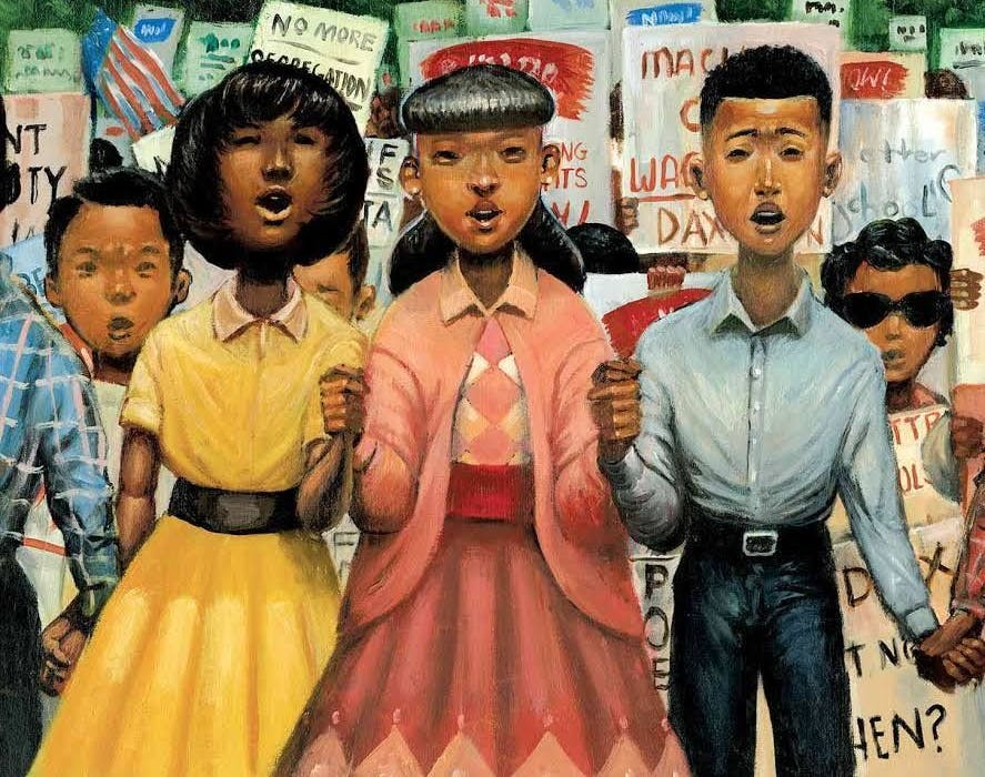 Cover of the book Let the Children March. Three Black children lead a group of protesters with signs.