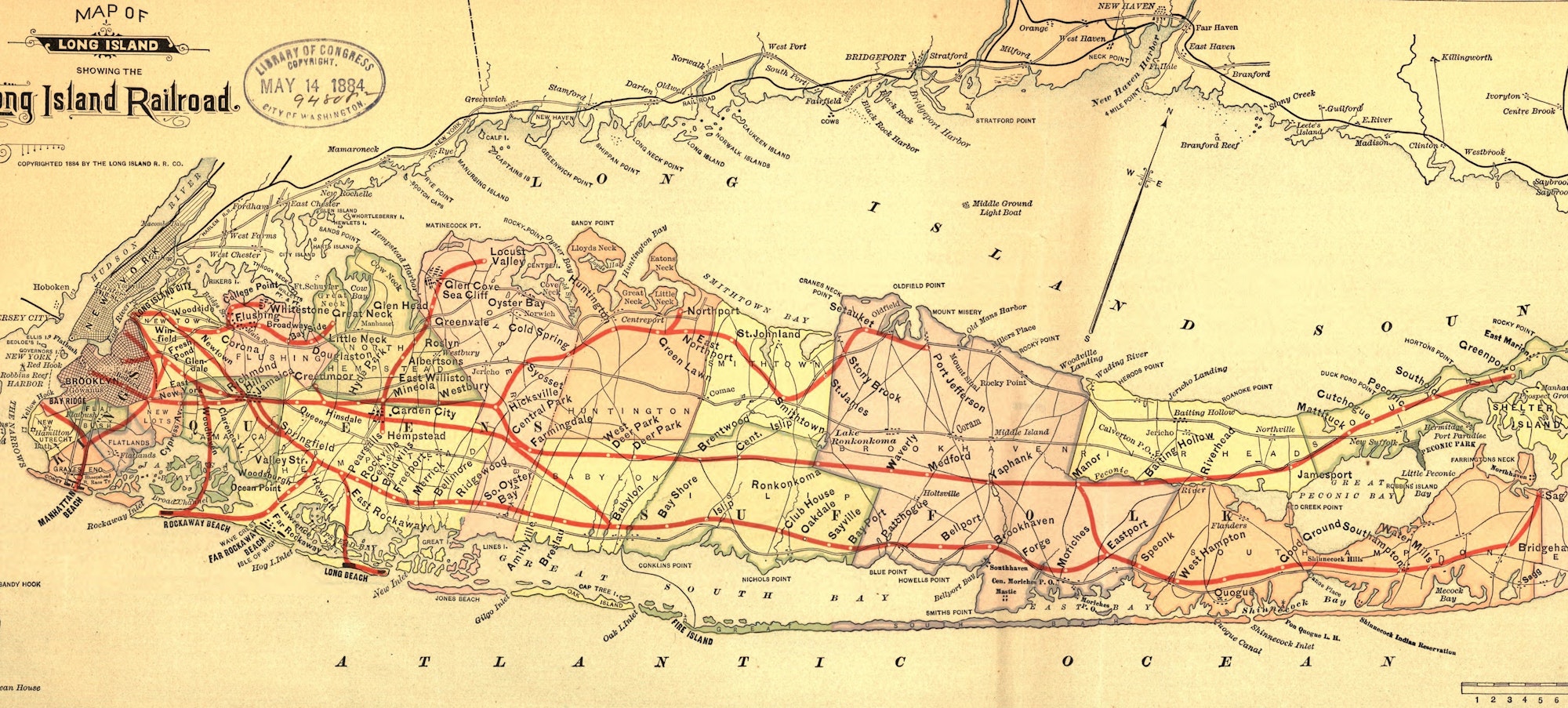 Map of Long Island showing the Long Island Railroad, circa 1884