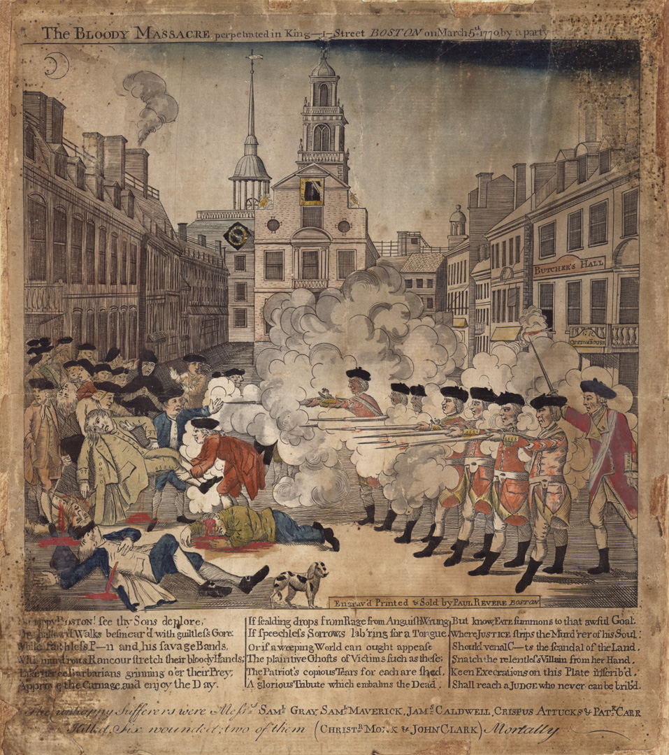 Henry Pelham, artist (1749â1806), Paul Revere, engraver (1735â1818), Bloody Massacre Perpetrated in King Street Boston on March 5th by a Party of the 29th Regt., 1770. Hand-colored engraving. Collection of Mr. & Mrs. Leonard L. Milberg

