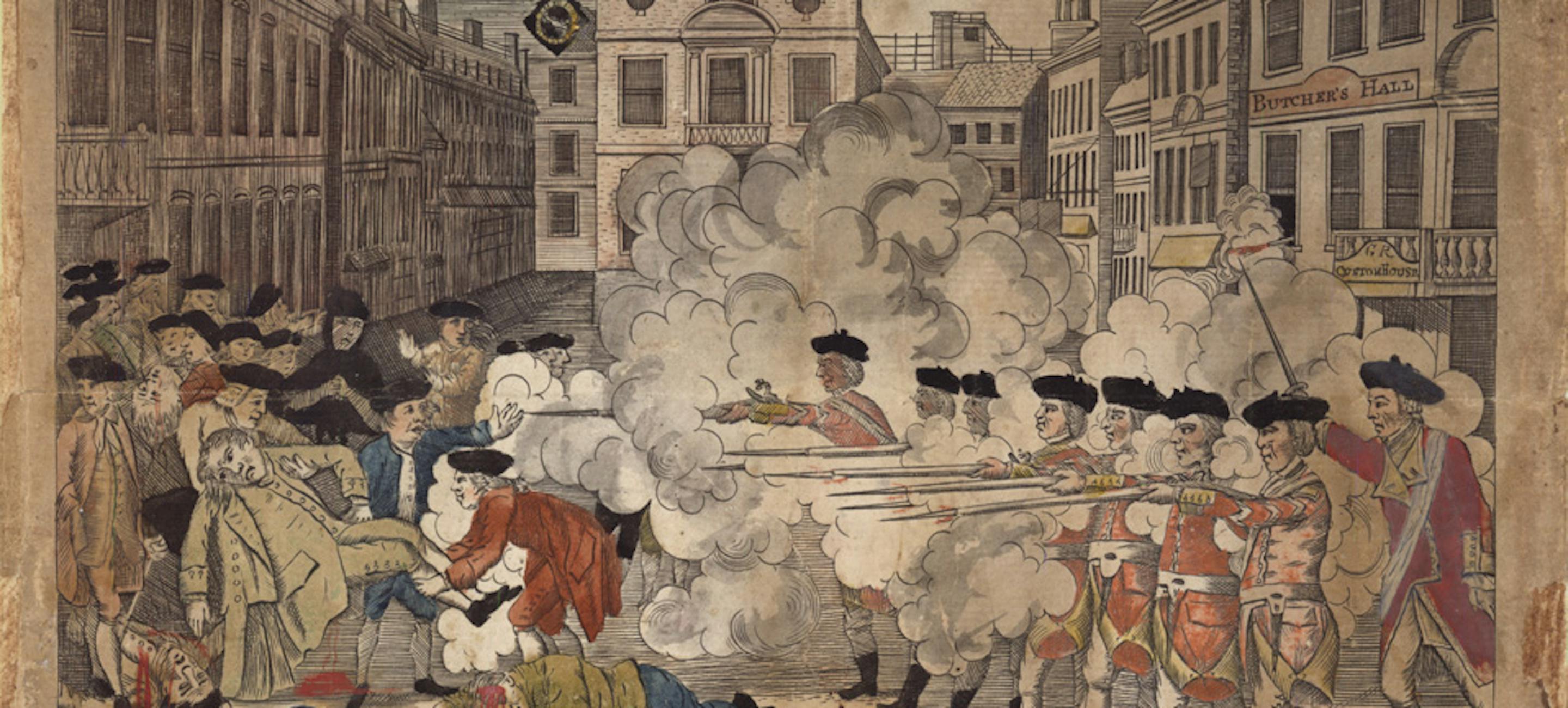 Henry Pelham, artist (1749â1806), Paul Revere, engraver (1735â1818), Bloody Massacre Perpetrated in King Street Boston on March 5th by a Party of the 29th Regt., 1770. Hand-colored engraving. Collection of Mr. & Mrs. Leonard L. Milberg