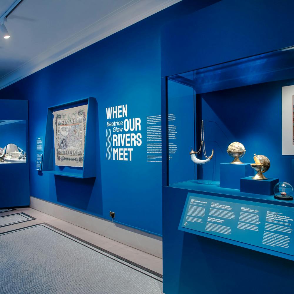 Installation view of Beatrice Glow: When Our Rivers Meet, 2024, at New-York Historical Society, New York City. (c) Beatrice Glow. Courtesy the artist and New-York Historical Society. Photo credit: Glenn Castellano, New- York Historical Society