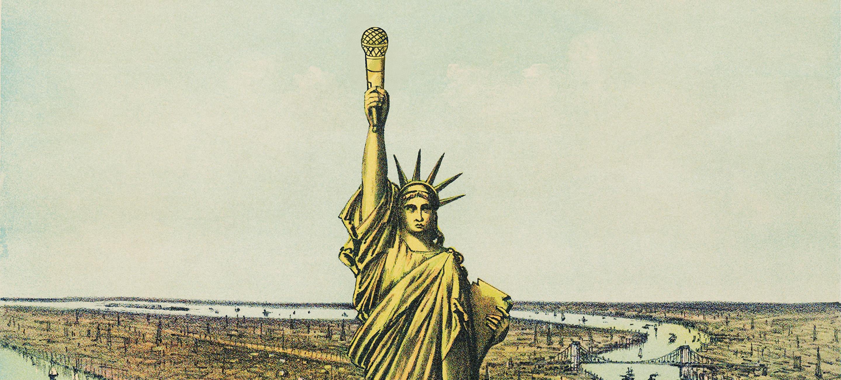 banner illustration showing the statue of liberty against the land mass of Manhattan and the statue's torch is a stand-up comedy mic