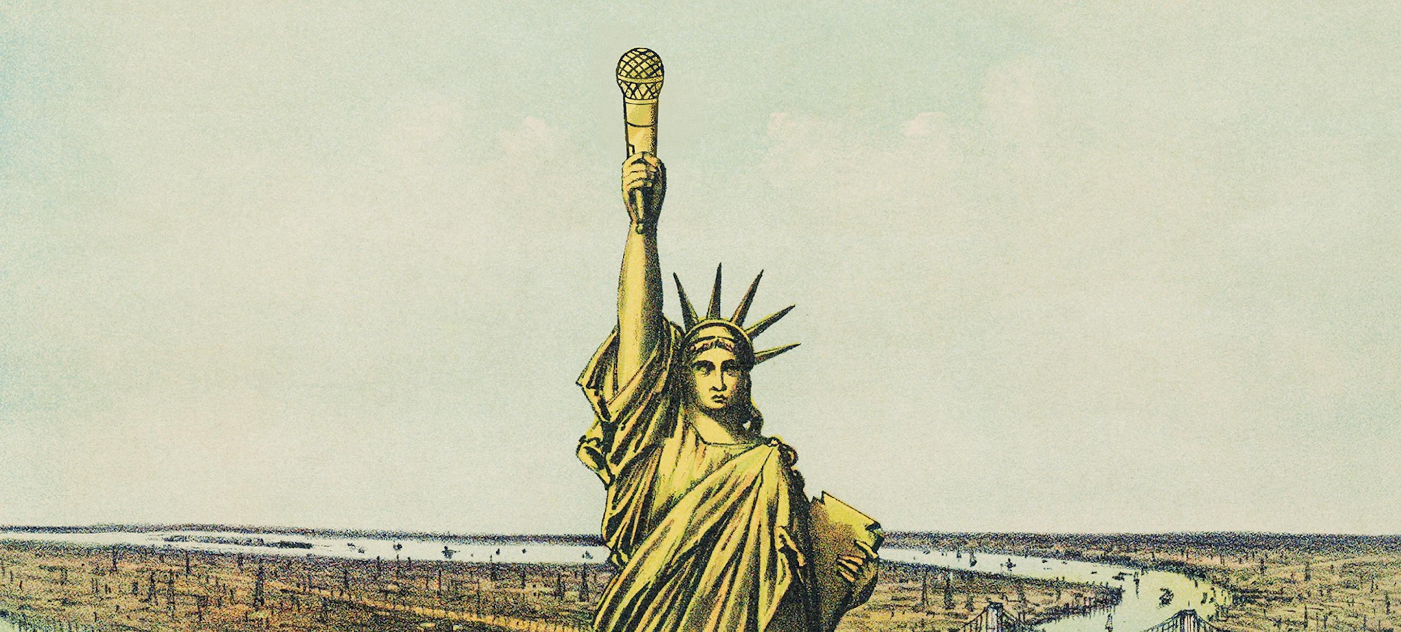 banner illustration showing the statue of liberty against the land mass of Manhattan and the statue's torch is a stand-up comedy mic