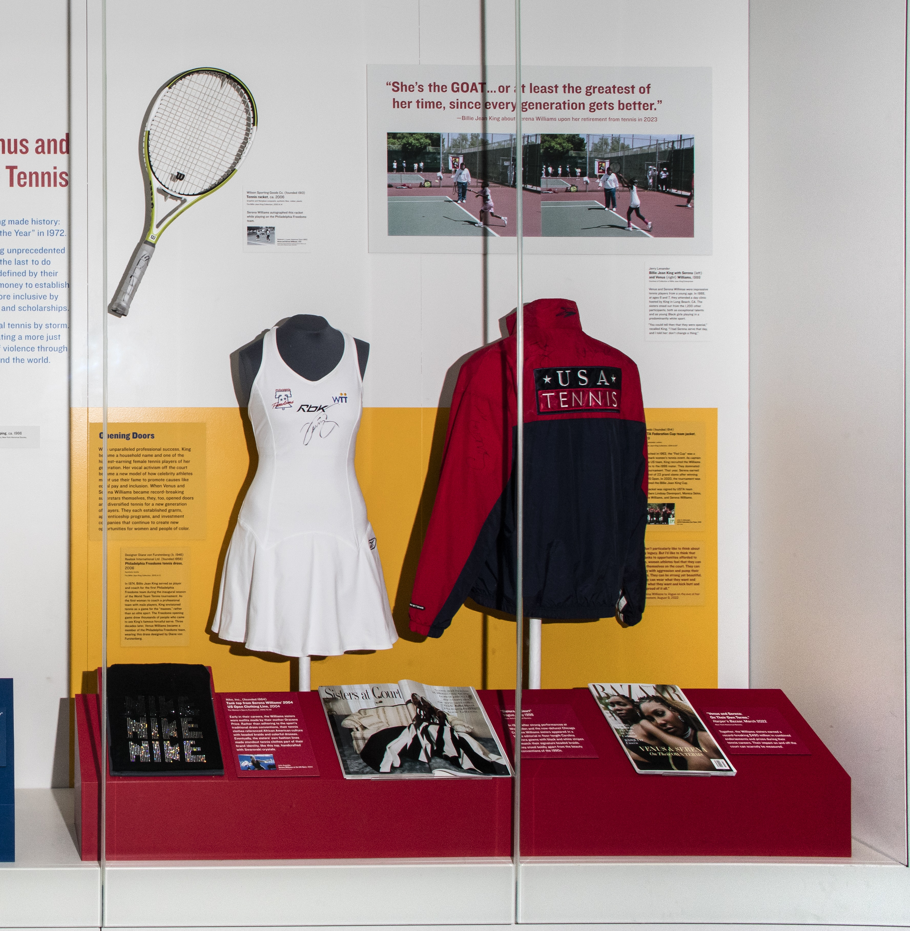 detail from the generating star power installation showing a tennis racket and tennis dress and jacket related to Billie Jean King. 