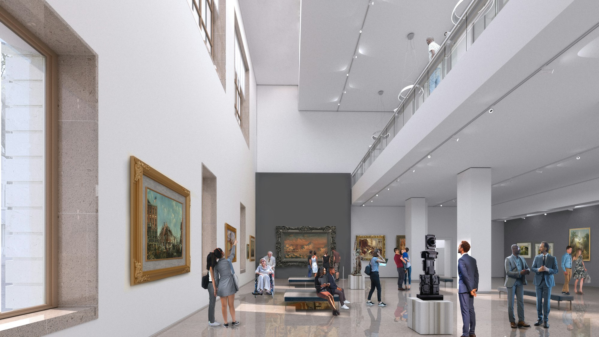 a rendering of the Klingenstein Gallery in the new wing, showing visitors looking at artwork on the walls