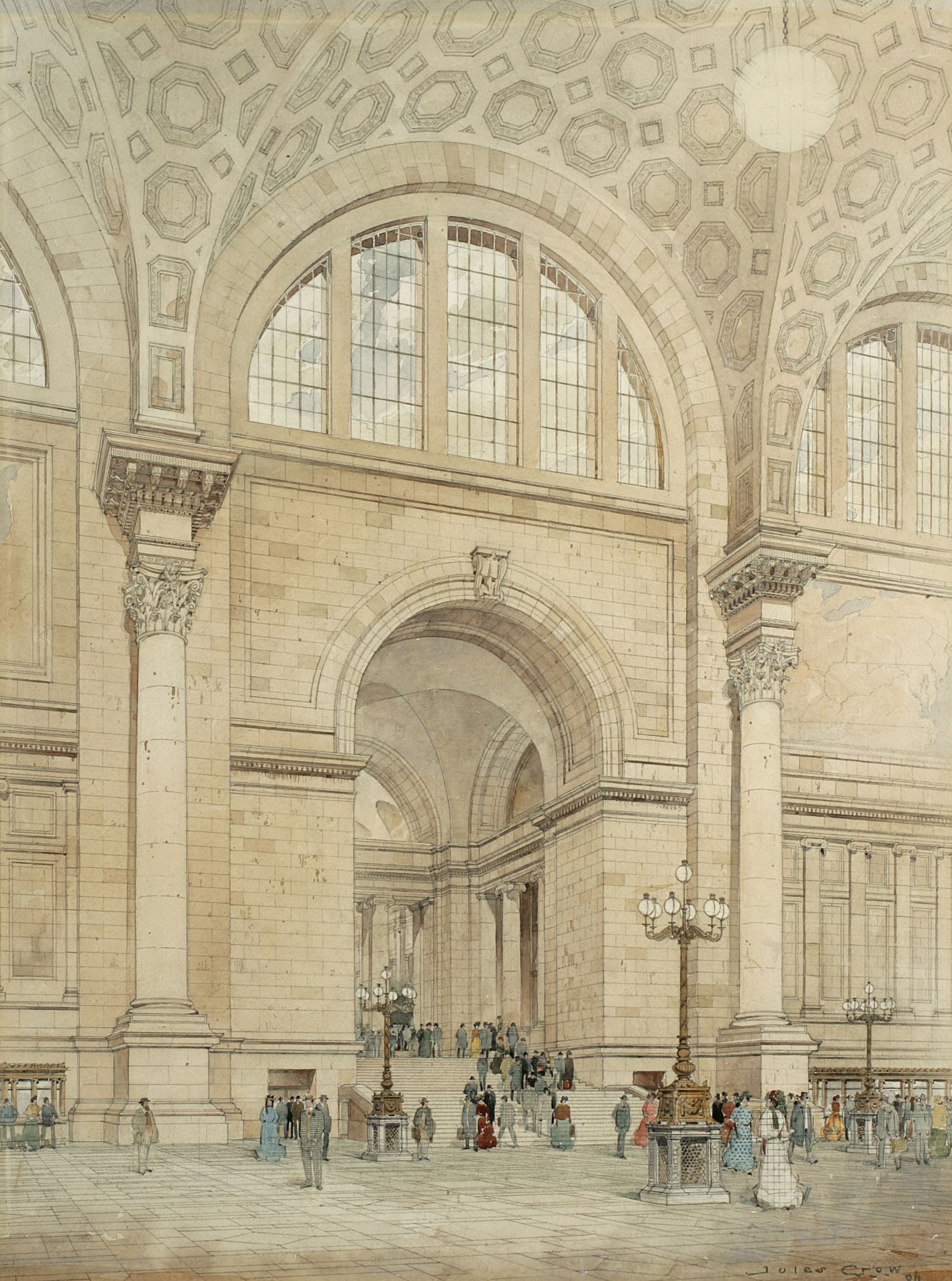 Presentation drawing of the interior of Pennsylvania Station, New York, from the McKim Mead & White architectural records held by the library at New-York Historical. Watercolor, ink and graphite on paper.
