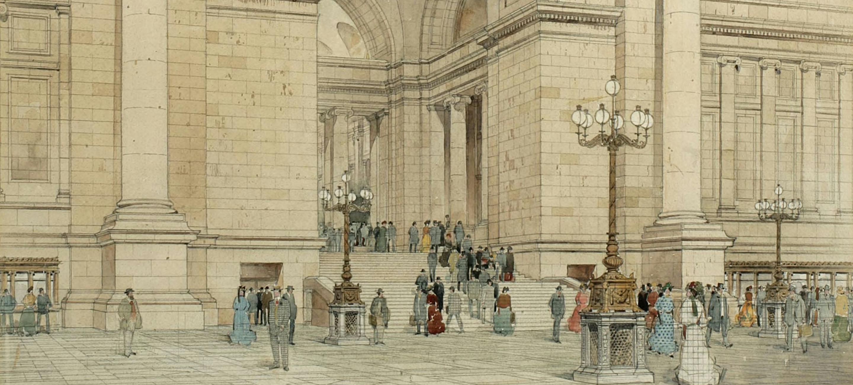 Presentation drawing of the interior of Pennsylvania Station, New York, from the McKim Mead & White architectural records held by the library at New-York Historical. Watercolor, ink and graphite on paper.