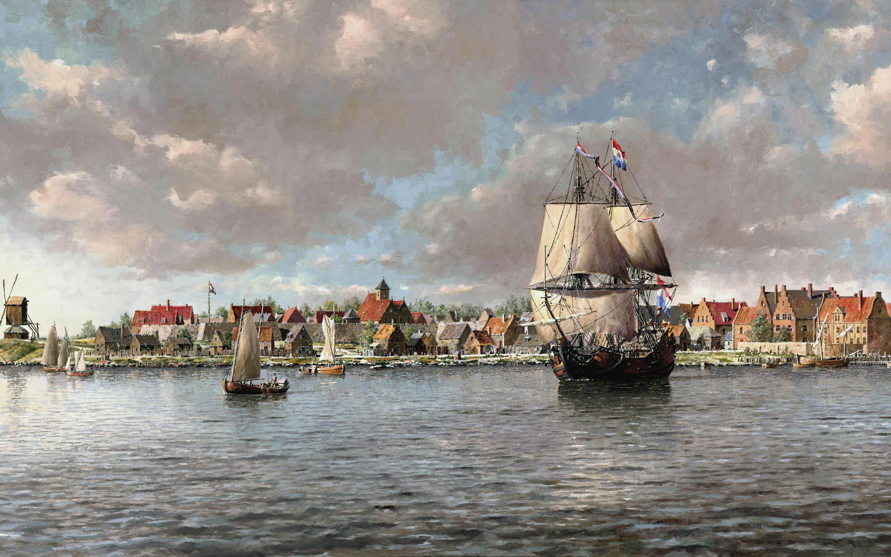 painting of colonial New York from the harbor with ships in the foreground