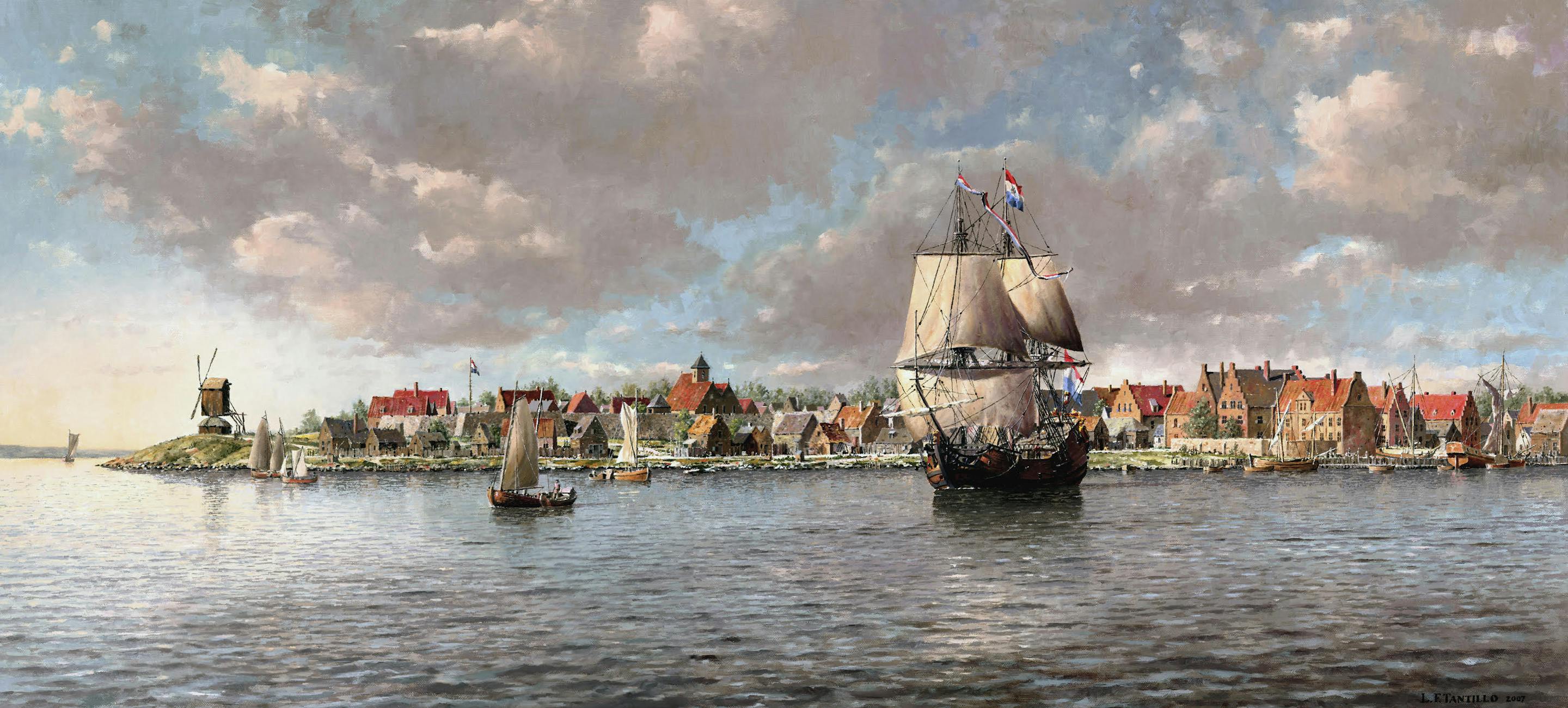 painting of colonial New York from the harbor with ships in the foreground