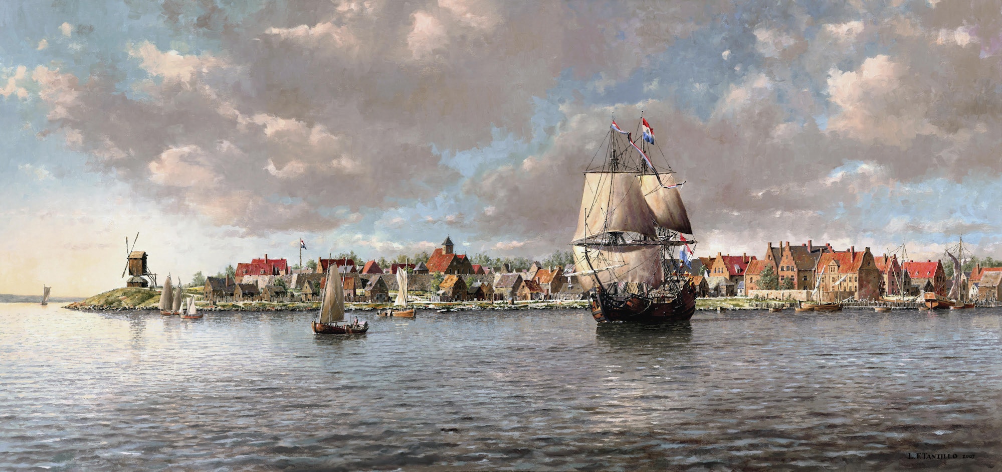 painting of colonial New York from the harbor with ships in the foreground