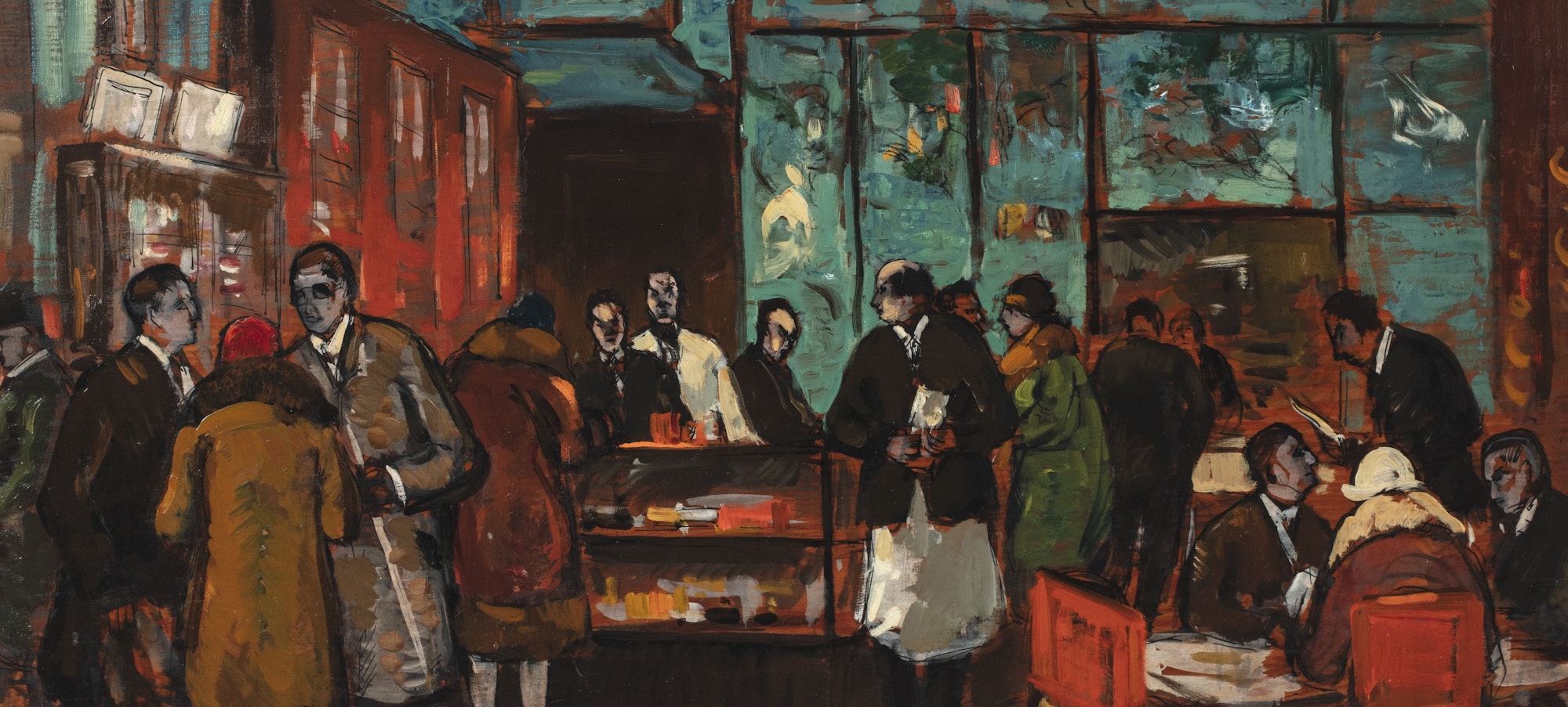 a painted depiction of a Chinese restaurant from Gifford Reynolds Beal (1879–1956), Chinese Restaurant #1, ca. 1930. Oil on wood panel (reproduction). The New York Historical, Gift of Charles H. Berman and Norman and Joanne Berman, 2022.9