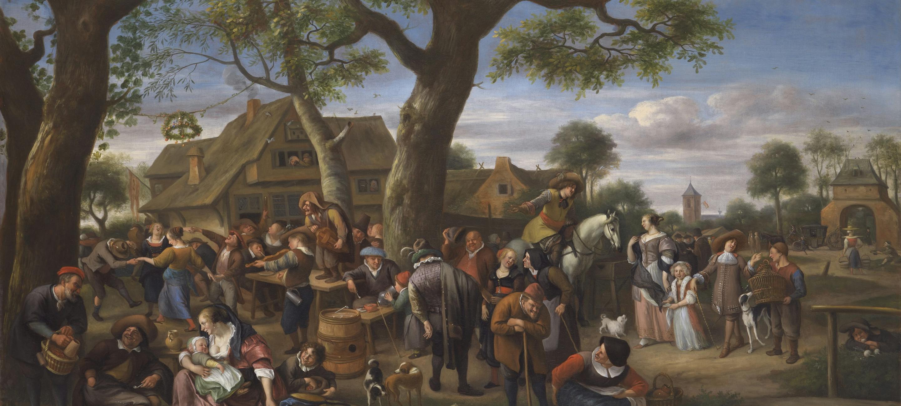 A large scale painting of many peasants from the 17th century celebrating outdoors around two large trees. Peasants Merrymaking Outside an Inn, Jan Steen (1626-1679). Courtesy of The Leiden Collection