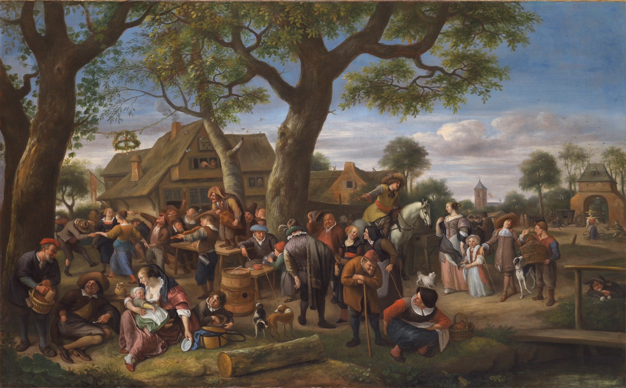 A large scale painting of many peasants from the 17th century celebrating outdoors around two large trees.
Jan Steen (1626-1679), Peasants Merrymaking Outside an Inn, ca. 1676. Oil on canvas. Image courtesy of the Leiden Collection, New York