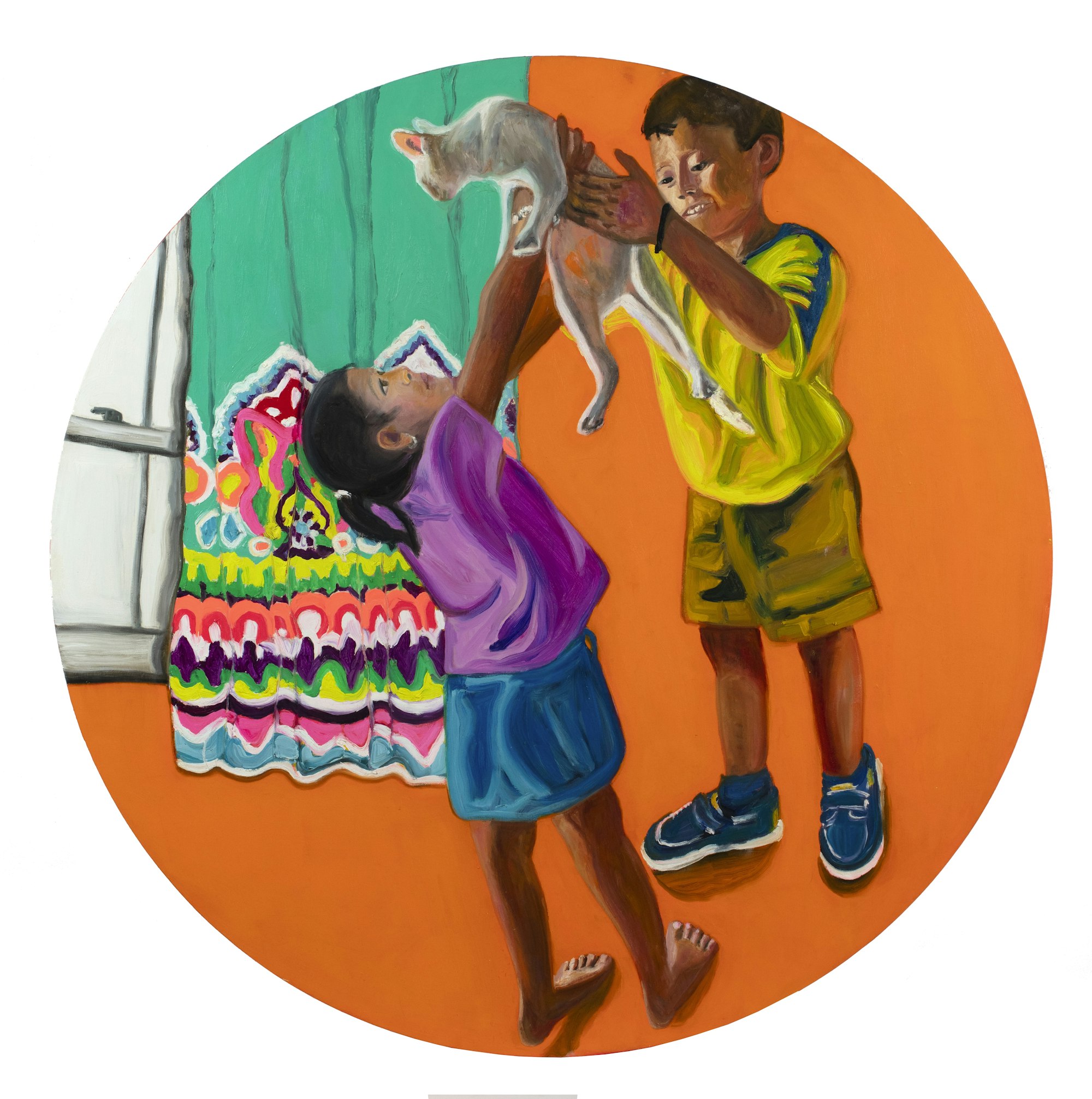 Jessica Alazraki (b. 1972). Holding Cat in Orange, 2021. Oil on canvas. The New York Historical, Gift of Pamela and David Hornik. Circular painting showing a young boy and girl holding up a cat against an orange background and a colorful curtain