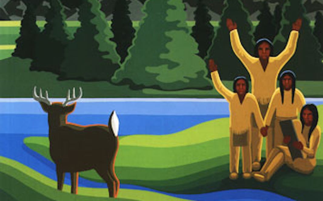 book cover for giving thanks, showing a drawn forest scene with trees and a body of water and deer looking on